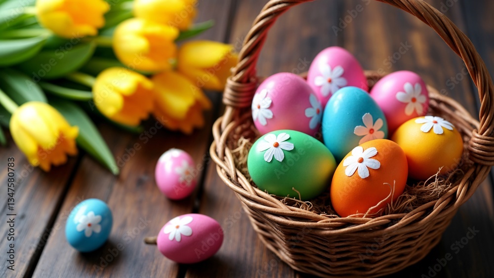 A basket filled with colorful painted eggs next to a bunch of yellow tulips. A basket filled with colorful painted eggs next to a bunch of yellow tulips.