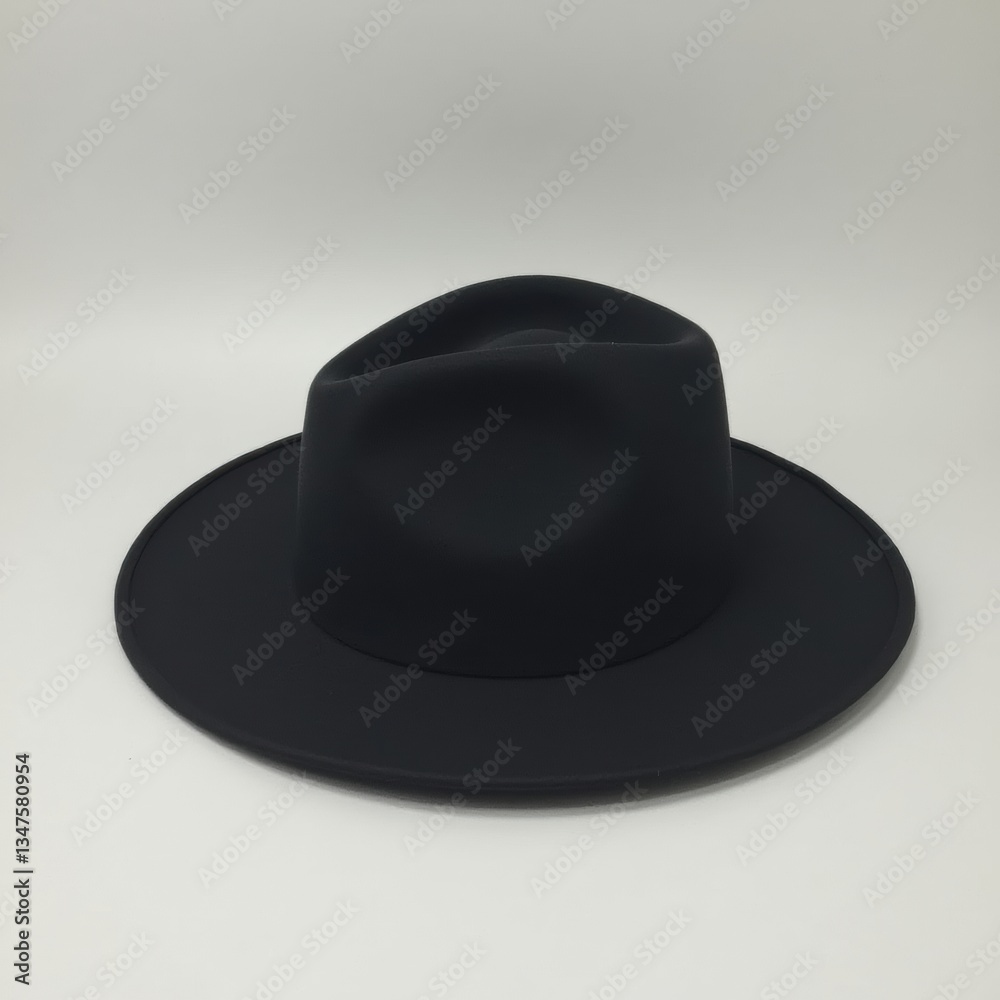 Wide-brimmed black hat on plain light backdrop, minimal style, great for versatile fashion themes. Wide-brimmed black hat on plain light backdrop, minimal style, great for versatile fashion themes.