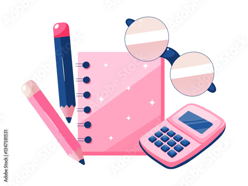 Vector illustration of a colorful stationery set featuring a spiral notebook, pencils, calculator, and glasses. Pink and blue color scheme creates a playful workspace theme.
