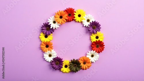 Gerbera Daisies Circle Purple Floral, Gerbera daisies in various colors arranged in a circle or wreath shape