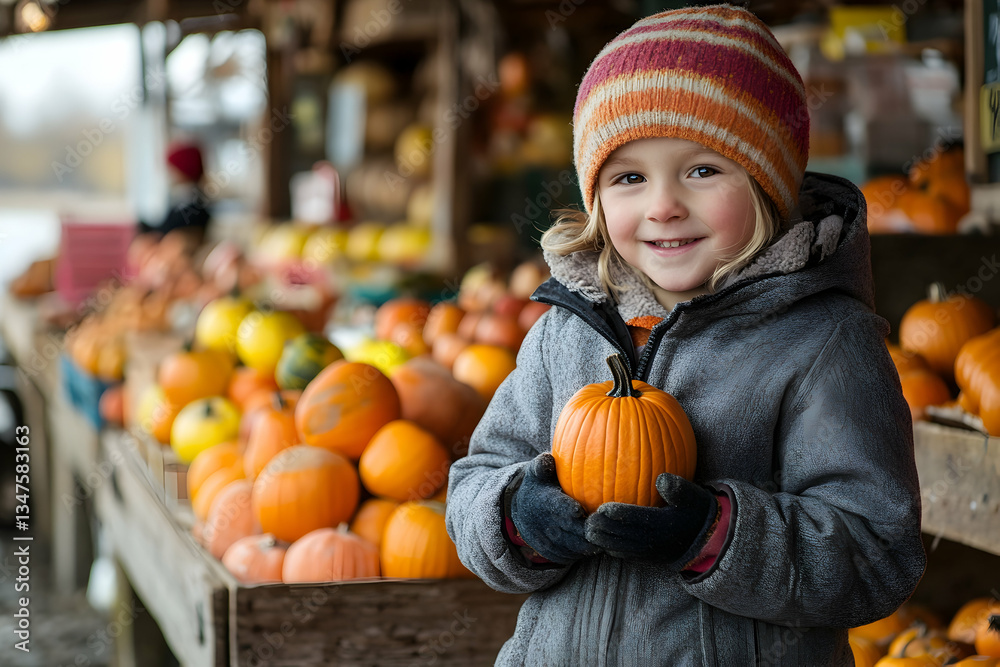 Fototapeta premium Child holding a small pumpkin at a rustic farm stand on an autumn day --ar 3:2 - Image #3 @fme39856