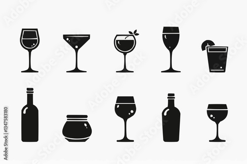 Set of alcohol drink icons with glasses bottles and beverages