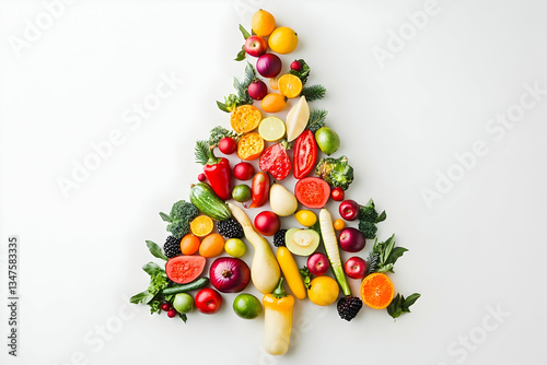 Christmas tree made of colorful fruits and vegetables on a white background, creative vegan concept --ar 3:2 - Image #1 @fme39856