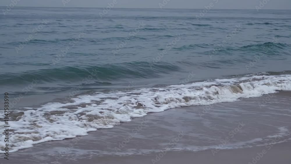 Gentle ocean waves lapping sandy beach, muted cloudy sky casting soft light over tranquil seascape stretching toward distant horizon Gentle ocean waves lapping sandy beach, muted cloudy sky casting soft light over tranquil seascape stretching toward distant horizon