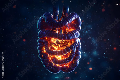 Glowing human intestines, digestive system, medical illustration, dark background, healthcare