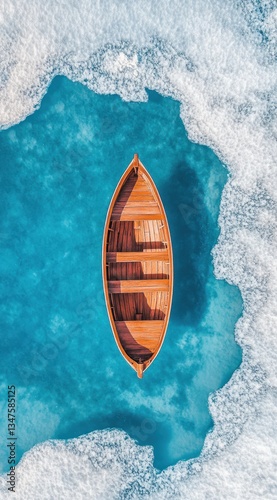 Aerial view of a wooden boat in a icy blue lake.