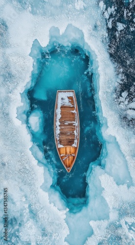 Aerial view of a wooden boat trapped in a frozen lake.