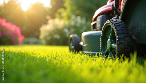 Close-up of lawn mower cutting vibrant green grass in sunlit garden. Blurred flowers trees in background. Lawn care, gardening equipment, landscaping, summer time backyard. Sunny spring morning.