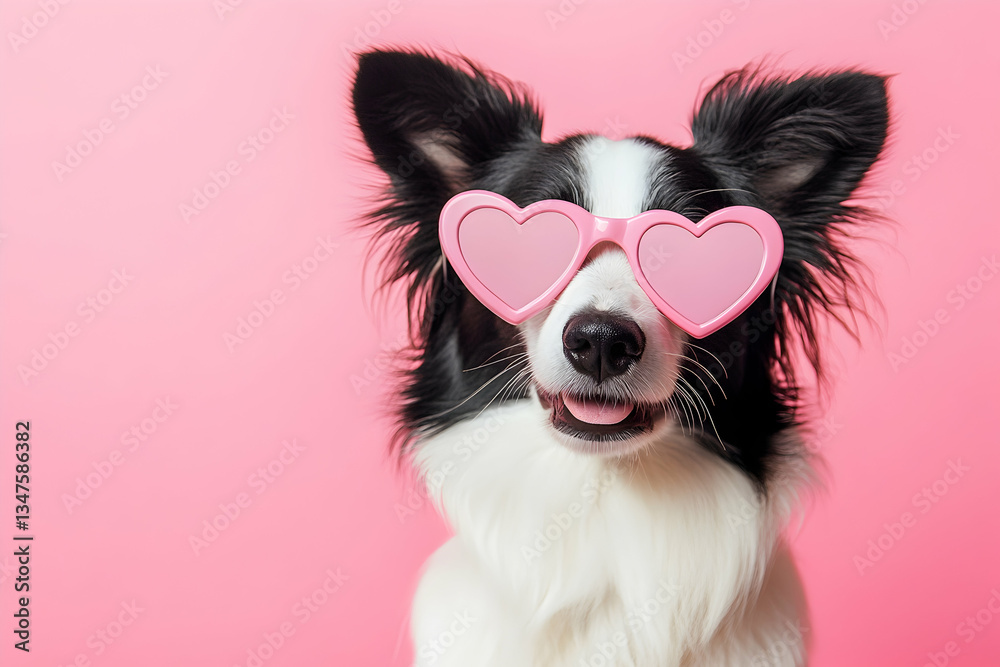 Fototapeta premium Cute Border Collie dog wearing pink heart-shaped glasses, a fun Valentinea??s concept