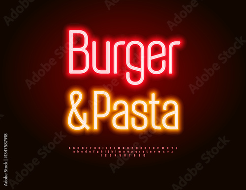 Vector Glowing poster Burger and Pasta. Neon Red Alphabet Letters and Numbers set. Led Light  Font.