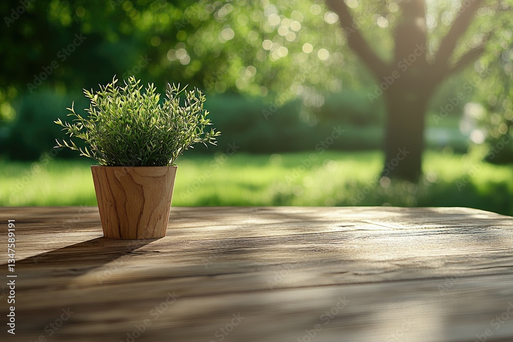 Wooden table with potted plant, park background, sunny day, product display Wooden table with potted plant, park background, sunny day, product display