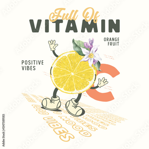 Funny cartoon character of orange fruit. orange Retro cartoon style, Vitamin C Fresh and juicy orange fruit print design, women's graphic tee artwork for food fashion mood, college text fruit graphics