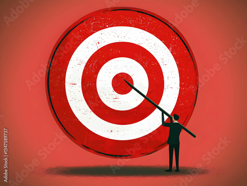 Businessman hitting target, red background, goal achievement, success