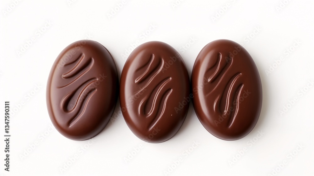 Three chocolate eggs on a white surface. Three chocolate eggs on a white surface.