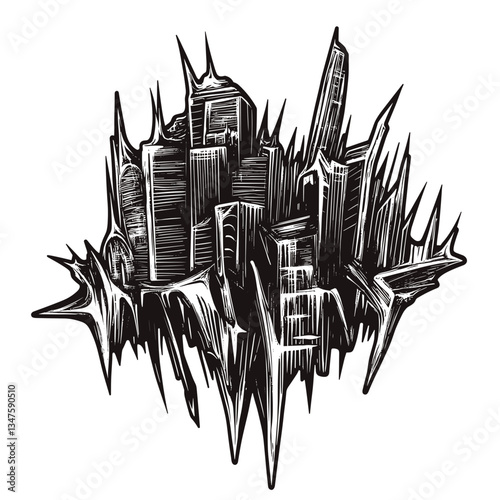 Retro Punk Badges With Abstract Distorted Cityscape
