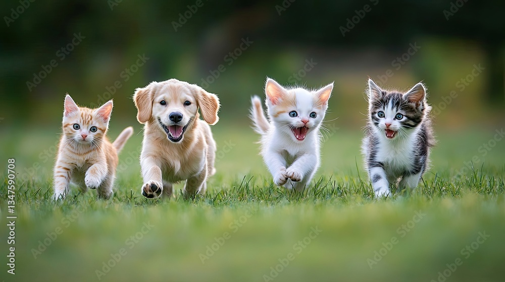 Adorable dogs and cats happily jump and sprint together in a field, their energetic movements captured against a soft, blurred backdrop Adorable dogs and cats happily jump and sprint together in a field, their energetic movements captured against a soft, blurred backdrop
