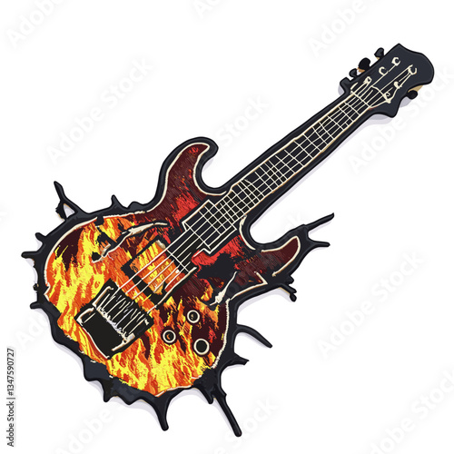 Retro Punk Badges With Flaming Electric Guitar
