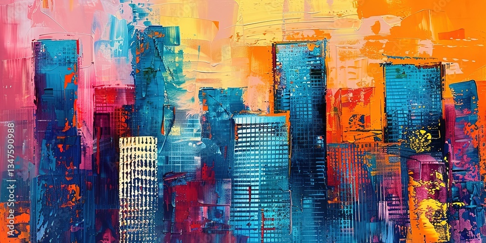 Abstract painting of urban skyscrapers, blending bold colors and dynamic brushstrokes to capture the essence of city life, towering architecture, and modern urban energy in a creative and artistic for Abstract painting of urban skyscrapers, blending bold colors and dynamic brushstrokes to capture the essence of city life, towering architecture, and modern urban energy in a creative and artistic for