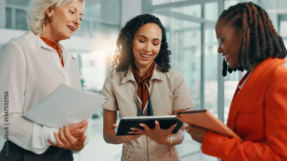 Documents, smile and tablet with business women in lobby of office for planning or strategy. Collaboration, proposal or report with boss and happy employee team in workplace for feedback or review Documents, smile and tablet with business women in lobby of office for planning or strategy. Collaboration, proposal or report with boss and happy employee team in workplace for feedback or review