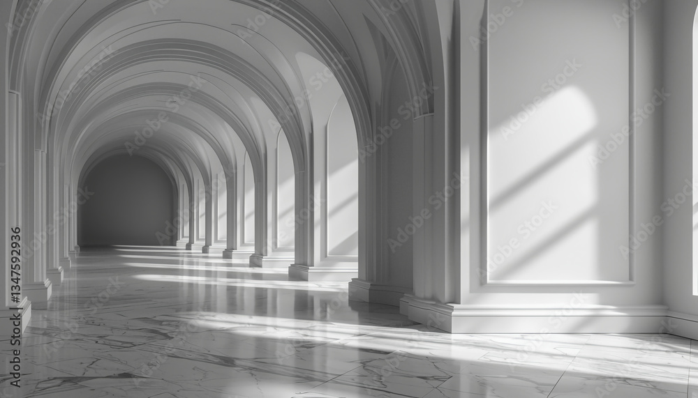 Obraz premium Elegant Hallway with Arches, Marble Floor and Sunlight Streaming Through Windows