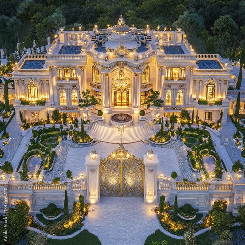 Aerial view of opulent mansion at twilight, landscaped gardens and gated entrance photo