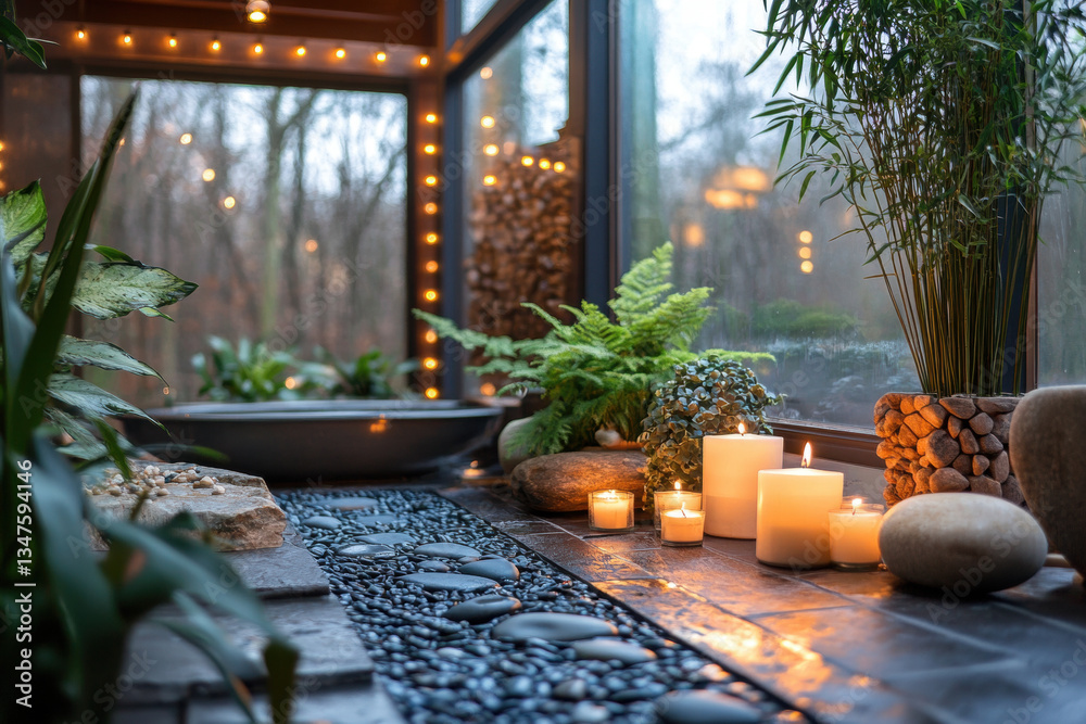 Fototapeta premium Table adorned with candles and plants, creating a cozy atmosphere.