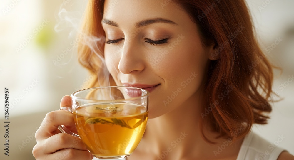 Serene Young Woman with Red Hair Enjoying a Warm Cup of Herbal Tea, Steam Rising, Close-up Portrait Serene Young Woman with Red Hair Enjoying a Warm Cup of Herbal Tea, Steam Rising, Close-up Portrait