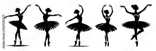 Black Ballerina Dancing Silhouettes Vector Set