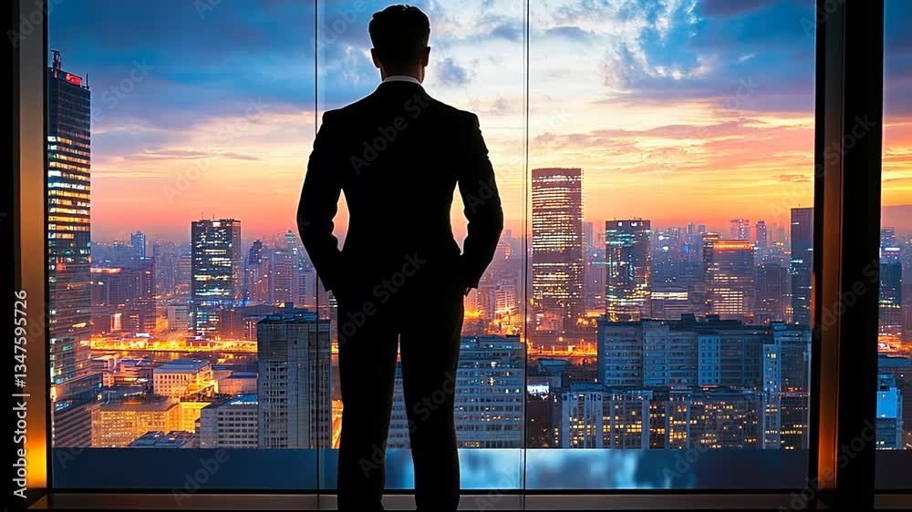 Executive vision gazing at stunning city skyline during twilight, corporate inspiration