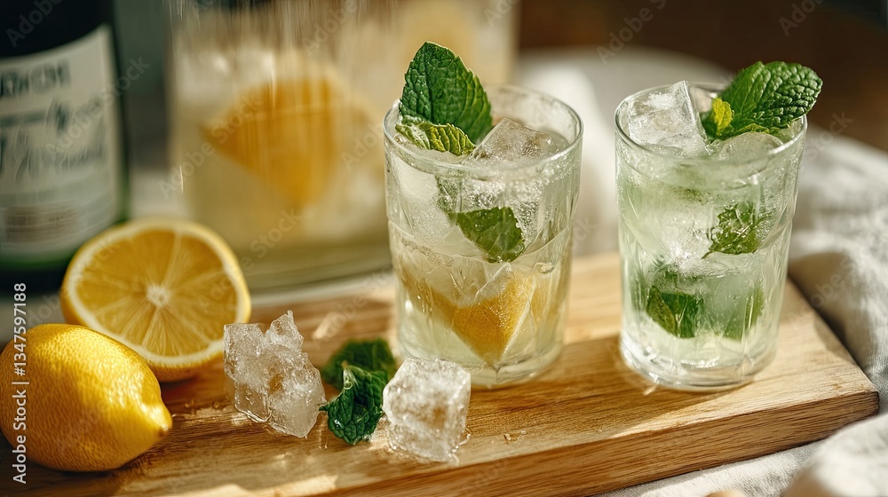 Fototapeta premium Mojito cocktail with fresh lemon, mint and ice. Summer trendy cold drinks concept. Front view.