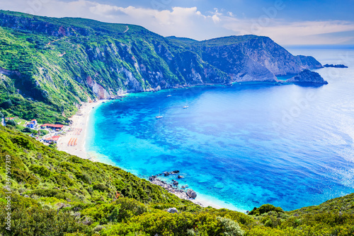 Kefalonia, Greece. Paralia Petani, one of the most beautiful beaches Greek Islands, summer holiday landscape. photo