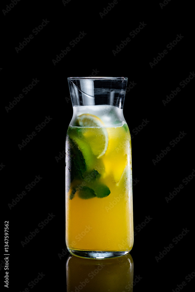 Homemade lemonade with lemon and mint in a glass bottle on a black background Homemade lemonade with lemon and mint in a glass bottle on a black background
