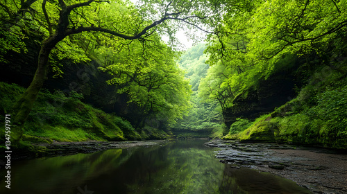 Lush Green Forest River Scene With Sunlight Filtering Through Canopy Creating Tranquil Nature Landscape