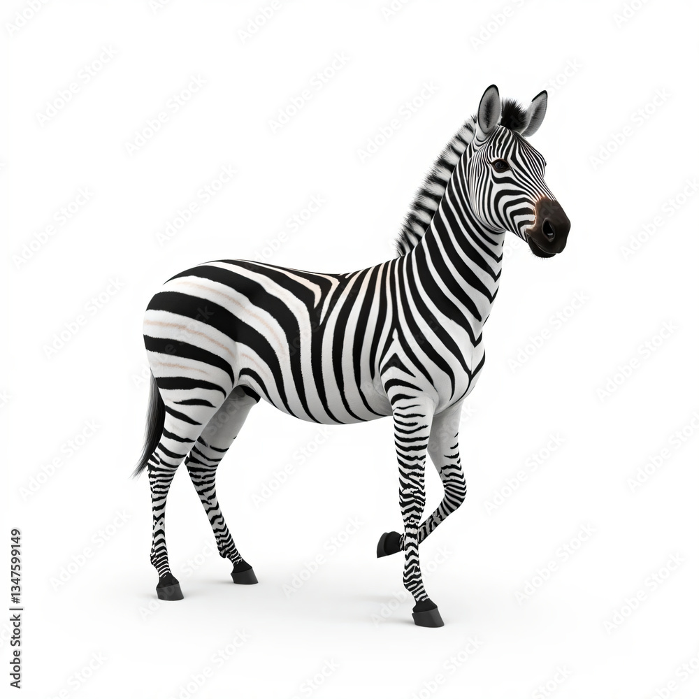 Obraz premium A high-resolution 4K image of a realistic zebra standing on a pure white background, ultra-detailed with sharp focus and cinematic lighting.