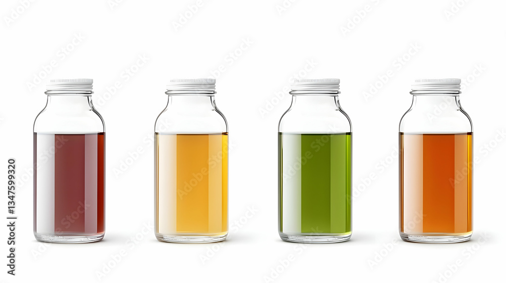 Four Clear Glass Bottles With Different Liquids Four Clear Glass Bottles With Different Liquids