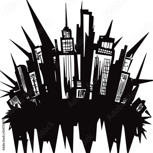 Retro Punk Badges With Distorted Cityscape
