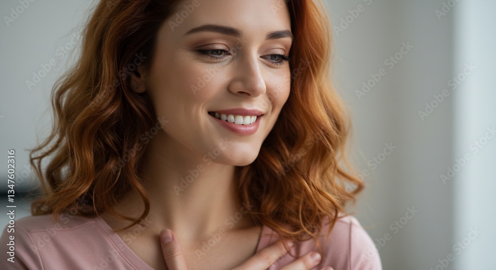 Fototapeta premium Close-up Portrait of a Happy Young Woman with Red Curly Hair, Smiling Gently While Touching Her Chest, Wearing a Pink Shirt, Soft Lighting