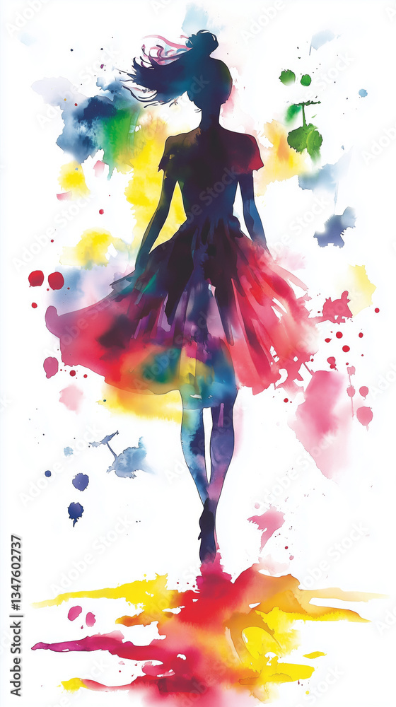 A girl in silhouette wearing an elegant dress, with watercolor splashes of bright colors on a white background, full-body, ink painting, colorful illustration, fantasy, minimalism. A girl in silhouette wearing an elegant dress, with watercolor splashes of bright colors on a white background, full-body, ink painting, colorful illustration, fantasy, minimalism.