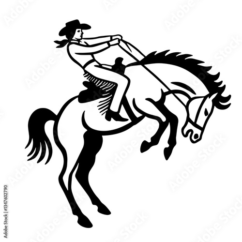 Retro Cowgirl on Bucking Bronco, Vector Illustration in Timeless Clean Art Style