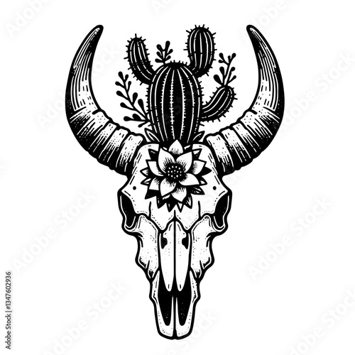 Steer Bull Bison Longhorn Skull with Flowering Cactus, Vector Illustration in Vintage Detailed Art Style