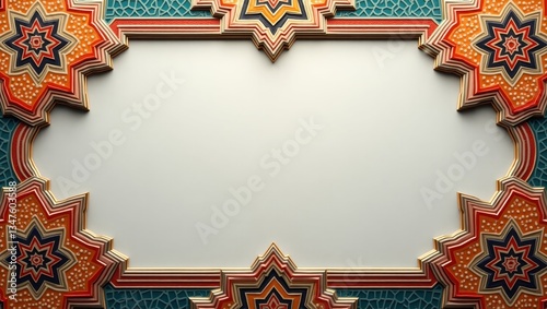 Abstract Islamic art with symmetrical cut-out elements and colorful contrast