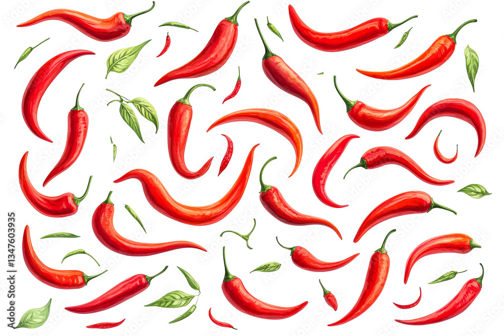 Red chili peppers with green leaves seamless pattern, cut out transparent Red chili peppers with green leaves seamless pattern, cut out transparent