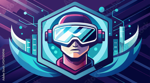 VR background with gamer wearing vr headset exploring metaverse in futuristic cyberspace