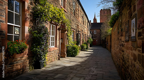 Picturesque Cobblestone Street Framed By Red Brick Buildings Adorned With Green Vines and Colorful Flower Boxes Under Blue Sky