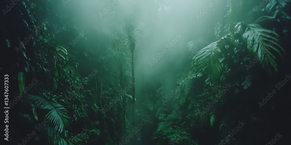 Obraz premium Misty rainforest canopy with dense foliage and mysterious atmosphere