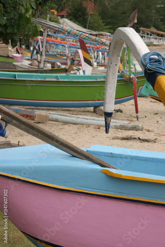 Colorful row of boats in Padangbai, Bali.