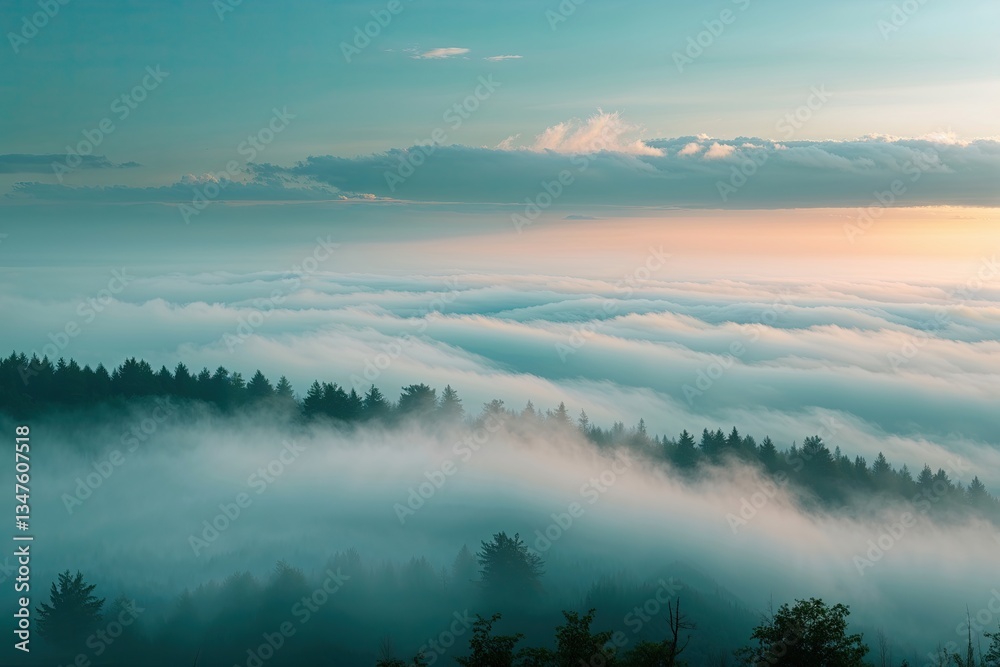 Fog Cascading Against a Teal Horizon with Scenic Mist and Soft Brightness Fog Cascading Against a Teal Horizon with Scenic Mist and Soft Brightness