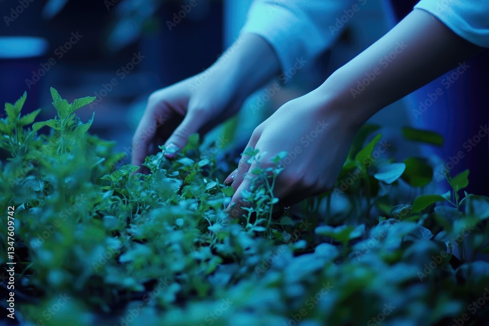Fototapeta premium Hands gently tending to a lush bed of vibrant green seedlings, showcasing the beauty of new growth.