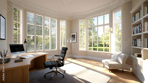 Luxurious Modern Office Interior With Large Curved Windows Offering Outside Garden View and Sunlight