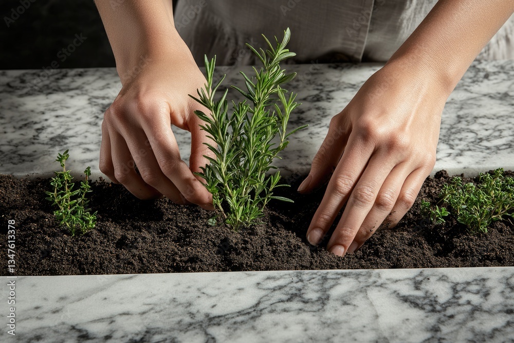 Fototapeta premium Hands planting rosemary and thyme in dark soil on a marble surface, creating a herb garden.